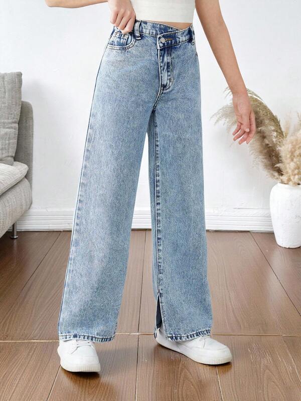 SHEIN Tween Girls Y2K Spring Summer Boho Stonewashed Casual Split Hem Asymmetrical Waist Baggy Wide Leg Denim Jeans,Girls Summer Clothes Outfits