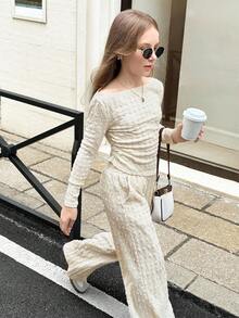 SHEIN Tween Girls Solid Apricot Beige Retro Collegiate Casual Textrue Knitted Off Shoulder Top Long Sleeve Top And Wide Leg Pants 2pcs Set, Casual Daily Wear, For Autumn Winter Knit  Casual Set