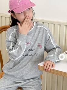 Genkimix Kids 2pcs Tween Girls Lace Trim Bow Letter Print Double Layer Collar Sweatshirt + Lace Trim Solid Color Casual Jogger Pants - Grey - View 6