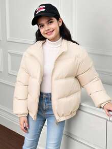 SHEIN Tween 女童纯色立领厚款宽松休闲短款棉服外套 - 米色 - 查看 9