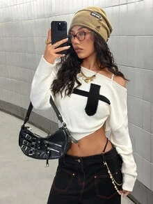 StreetHx Nuevo suéter urbano casual holgado con patrón de cruz y hombros oblicuos