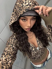 StreetHx Chic Leopard Print Zip-Up Hoodie Sweatshirt, Fitted Short Style, Autumn/Winter Fall Cloth For Women - Multicolor - View 4
