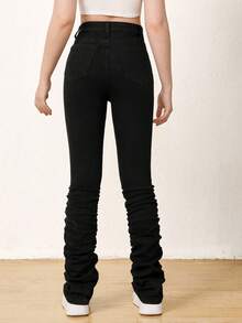 SHEIN Teen Girl Solid Stacked Jeans - Black - View 2