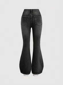 SHEIN Girlism Quần ống loe denim xanh vintage dành cho nữ tuổi teen, thiết kế nơ và túi, thích hợp cho tiệc brunch mùa hè, lễ tốt nghiệp ở nhà thờ, thời trang đường phố, kỳ nghỉ hè trên bãi biển phong cách boho, lễ hội âm nhạc mùa hè, tiệc tùng thường ngày, thời trang đường phố, mùa thu đông trở lại trường học. - màu đen - Xem 2