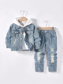 男童两件套服装：破洞牛仔夹克 + 直筒破洞牛仔裤，时尚街头风格幼儿男童牛仔套装，新品上市 - 中等水洗藍 - 查看 7