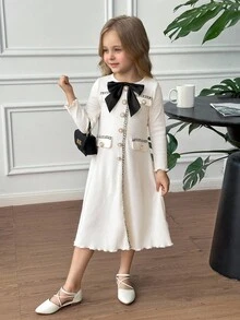 SHEIN Serisse Kids 年轻女孩优雅丝带拼布撞色蝴蝶结装饰长袖中长连衣裙，适合返校和活动 - 白色 - 查看 6