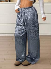SHEIN EZwear 女士休闲灰色豹纹抽绳腰部宽松阔腿裤 - 灰色 - 查看 3