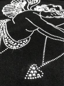 ROMWE MEN Street Life 男士闪亮钻石印花长袖T恤，宽松短款，适合秋季 - 黑色 - 查看 3