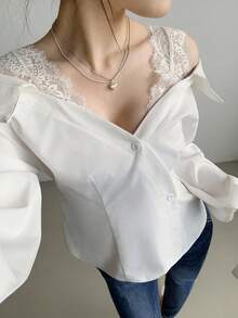 SHEIN LUNE Women's Solid Color Long Sleeve Lace Patchwork Blouse - White - View 4