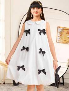 SHEIN Leap Crew 女童宽松优雅彼得潘领无袖蝴蝶结装饰 A 字形连衣裙 - 白色 - 查看 1