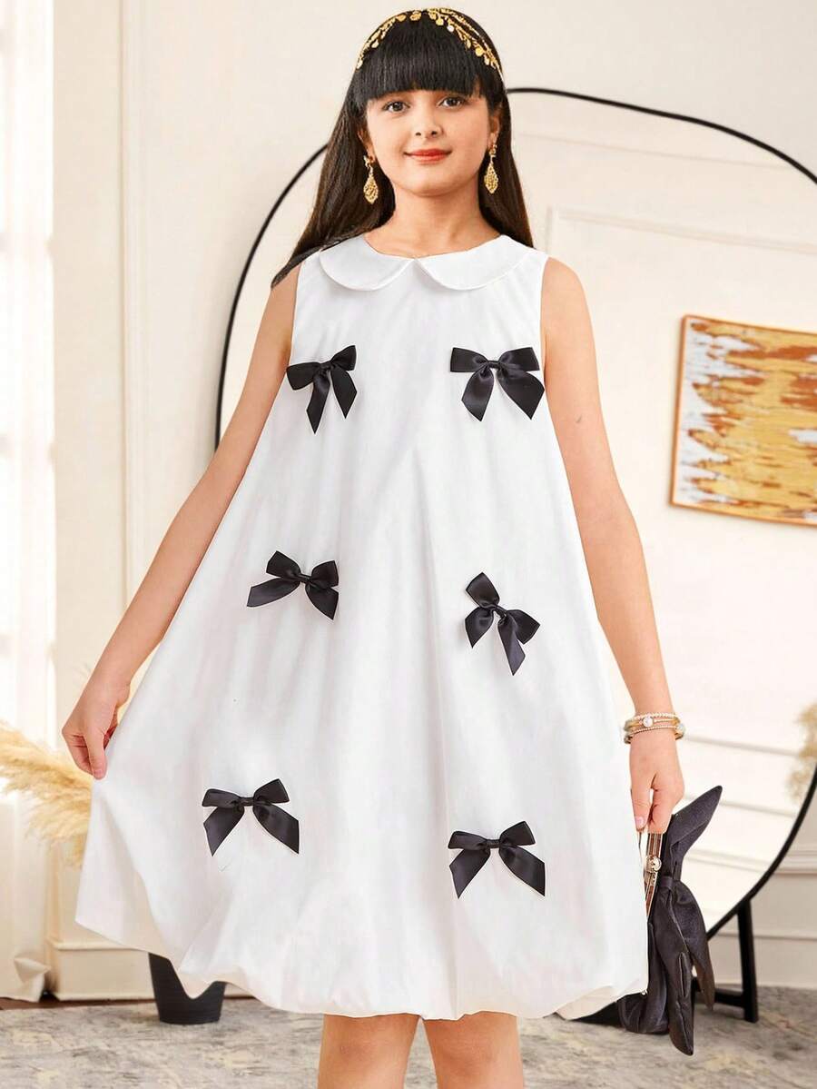 SHEIN Leap Crew 女童宽松优雅彼得潘领无袖蝴蝶结装饰 A 字形连衣裙 - 白色 - 查看 1