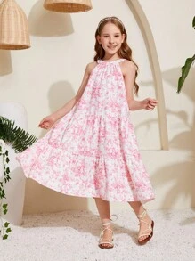 SHEIN Tween Girl's Woven Floral Printed Sleeveless Loose Casual Vacation Dress - Baby Pink - View 7