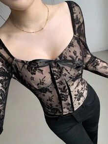 SHEIN LUNE Women's French Minimalist Chic Black Hollow Out Fitted Outerwear Top, Layering Piece For Early Autumn Fall Cloth For Women - Multicolor - View 1