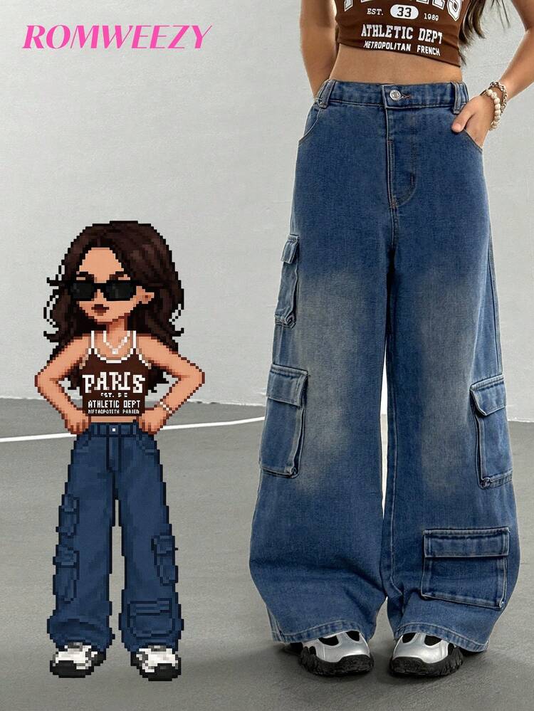 女童街头时尚休闲百搭工装不对称多口袋灰色水洗复古机车宽松直筒牛仔裤，不含 T 恤和配饰 - 藍色 - 查看 1