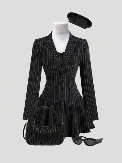 Sweetra Women's Autumn Long Sleeve Blazer Jacket & Striped Sleeveless Mini Dress Suit, Minimalist Office/Casual Outfit