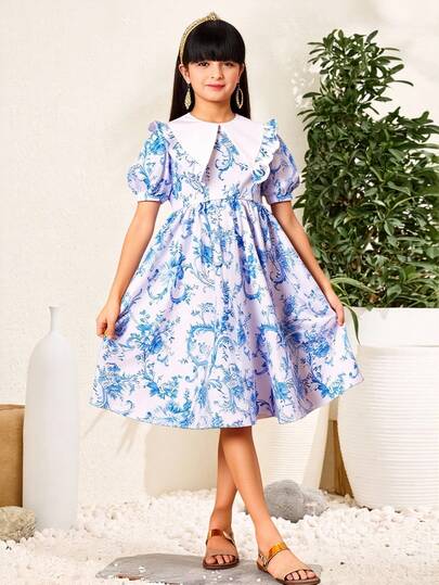 SHEIN Tween Girls' Casual Vacation Wide Collar Ruched Frill Trim Puff Sleeve Cinched Waist Flowy Blue Ditsy Floral Vintage Print Dress