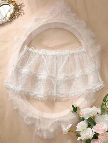 Layered Cake Hem, Ruffle Trim, Flounce, Semi-Sheer, Hazy, Minimalist Sexy, Romantic Women's Sexy Panties, Going Out - White - View 6