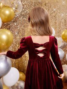SHEIN Young Girl Cute Back 3D Bowknot Decoration Dress, Casual Simple Elegant  Dress, Suitable For Autumn And Winter,For Christmas,Party Wear,Birthday Dress - Burgundy - View 3