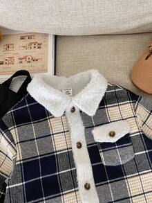 SHEIN Baby Boy/Girl Retro British Style Blue & White Plaid Fleece Patchwork Jacket, Fashion Casual Autumn/Winter Fall - Blue and White - View 3