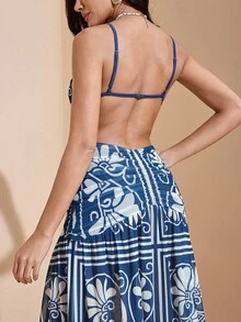 JIAN LASALA 多色波波印花长款连衣裙，性感吊带无袖露背设计，优雅度假风，适合女士外出、派对、晚宴、婚礼宾客等场合，尽显奢华气质。 - 藍色 - 查看 3