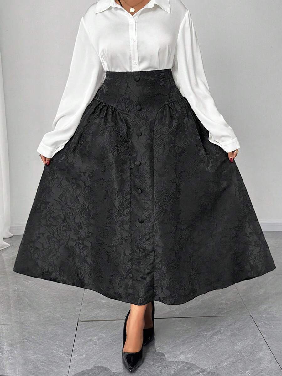 Maweii Falda minimalista de uso diario con textura en talla grande - Negro - Ver 1