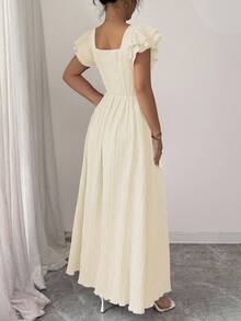 Elenzga 新款女式方领双层荷叶边袖前蝴蝶结后系带设计时尚年轻休闲腰部收紧修身优雅淑女连衣裙 - 杏色 - 查看 2