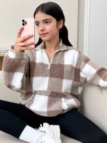 SHEIN X Jwoww 少女棕白格子印花半拉链落肩卫衣 - 卡其色 - 查看 2