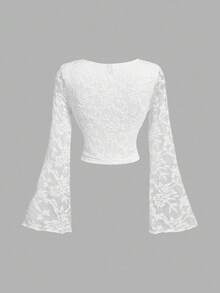 Tween Girl Casual Minimalist Comfortable Square Neck Flare Sleeve T-Shirt Fall Winter - White - View 2