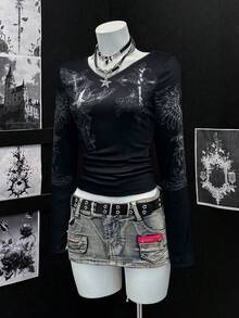 SHEIN Unity 十字架印花V领薄款长袖T恤，朋克风 - 黑色 - 查看 5