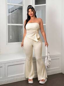 Solflare 2 件套：咖啡色抹胸上衣和喇叭裤，加大码，春夏装