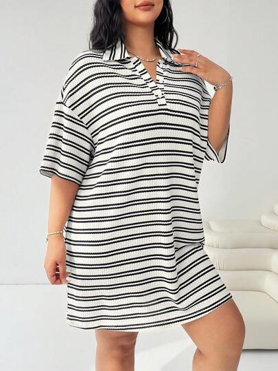 Solflare 大码女式休闲宽松马球领条纹中长连衣裙