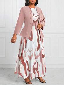 Fleurora 大码女式抽象印花两件套西装套装，优雅休闲通勤夏季套装 - 藕粉色 - 查看 4