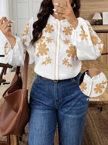 Weeklong Plus Size Casual & Work Floral Print Shirt Fall Cloth For Women - White - View 7
