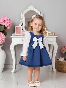 Elladie kids 1 件女婴可爱蝴蝶结装饰蓝白拼接牛仔连衣裙，适合日常休闲穿着和派对活动 - 中等水洗藍 - 查看 3