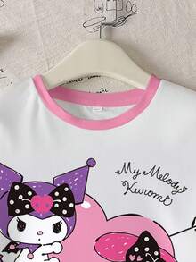 HELLO KITTY AND FRIENDS | SHEIN 青少年女孩卡通图案拼色圆领短袖T恤 - 白色 - 查看 4