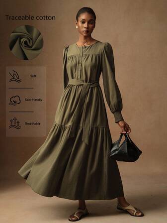 Vesra Women's Simple Solid Color Round Neck Puff Sleeve Pleated Casual Dress, Suitable For Commuting Fall Cloth For Women