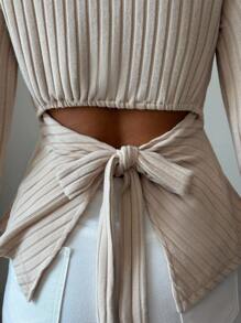 Selianne 女士纯色圆领长袖露背扭纹罗纹休闲T恤 - 杏色 - 查看 4