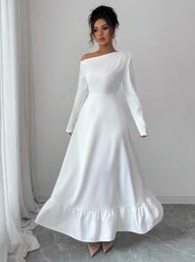 Elenzga Vestido largo de mujer con mangas largas, hombros oblicuos, volantes y estilo de Oriente Medio