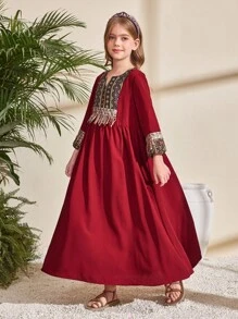 SHEIN Tween Girls' Loose Casual Sequins Tassel Print Colorblock Dress - Burgundy - View 8