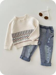 SHEIN 1. Baby Boy/Girl Casual Cute Round Neck Sweater, Autumn/Winter Kids Sweater, Unisex Baby Clothes, Baby Winter Clothes, My First Christmas Fall - Multicolor - View 1