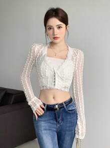 SHEIN LUNE 女式纯色短袖透视V领蕾丝边衬衫 - 白色 - 查看 3