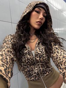 StreetHx Chic Leopard Print Zip-Up Hoodie Sweatshirt, Fitted Short Style, Autumn/Winter Fall Cloth For Women - Multicolor - View 3