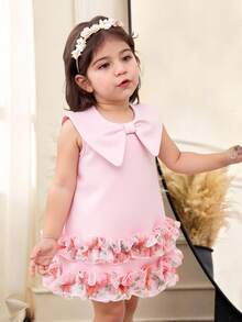 SHEIN Baby Girl Elegant Minimalist Cute Bow Shape Hem Ruffle Patchwork Dress - Pink - View 1