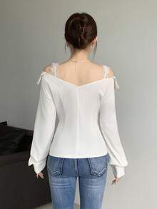 SHEIN LUNE Women's Solid Color Long Sleeve Lace Patchwork Blouse - White - View 2