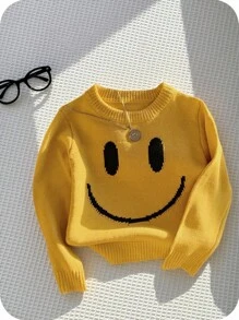 SHEIN Baby Boy/Girl Cute Casual Versatile Yellow Long Sleeve Sweater, Suitable For Autumn/Winter Yellow Baby Sweater Knitted Baby Sweater Fall - Multicolor - View 3