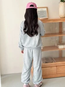 Genkimix Kids 2pcs Tween Girls Lace Trim Bow Letter Print Double Layer Collar Sweatshirt + Lace Trim Solid Color Casual Jogger Pants - Grey - View 2