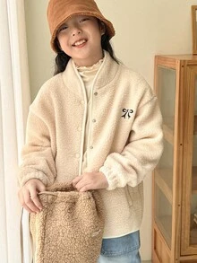 Genkimix Kids Áo khoác Genkimix Tween Girl cổ đứng thêu nơ đen màu be, áo khoác thường, áo khoác mùa đông, thích hợp cho đi chơi, đi học và mặc thường ngày - Màu be - Xem 3