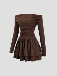 Sweetra 女式新款露肩长袖连衣裙，腰部有褶饰，下摆有层叠荷叶边，适合通勤、旅行和度假，春秋季