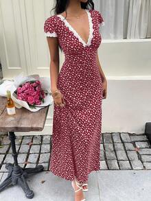 Sunnyshic Váy maxi chữ A cổ chữ V ren hoa vá màu xanh lam, thanh lịch và dễ thương cho kỳ nghỉ, bãi biển, hàng ngày, tiệc tùng, đi chơi, trà chiều, đa năng cho phụ nữ vào mùa hè - Đỏ - Xem 4