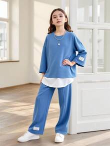 SHEIN Bộ áo cổ tròn và quần dài dệt kim thông thường của Tween Girls - Màu xanh bụi bặm - Xem 6